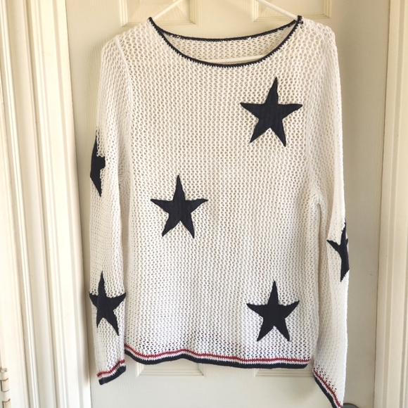 Crochet Open White Knit Blue Star Patchwork Long Sleeve Cover Up Top - Picture 1 of 8